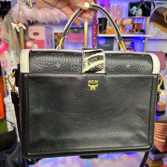 MCM Calfhair Zebra print Calf Skin Visetos Little Veronika Satchel Black Crossbo - Picture 3 of 16
